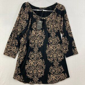 New Lucky Brand size 1X Black Tan Floral Abstract Boho 3/4 Sleeve Stretch Tunic